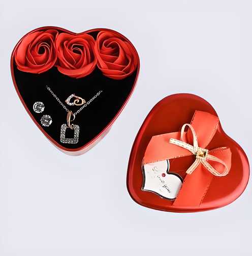 Floweraura Sparkling Love Adornments Jewelry & Artificial Flower in Heart Red Box – Valentine’s Gift for Girlfriend & Girls