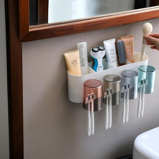 Premium Wall Mounted Toothbrush Holder with Cartoon Cups – Family Bathroom Organizer