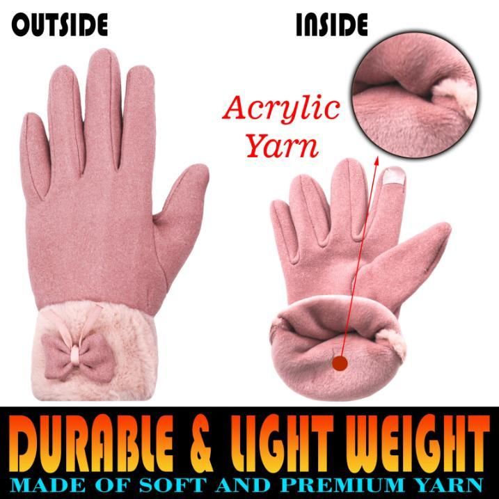 Women’s Winter Warm Gloves – Fleece Wool Touchscreen Gloves with Cute Bow Design