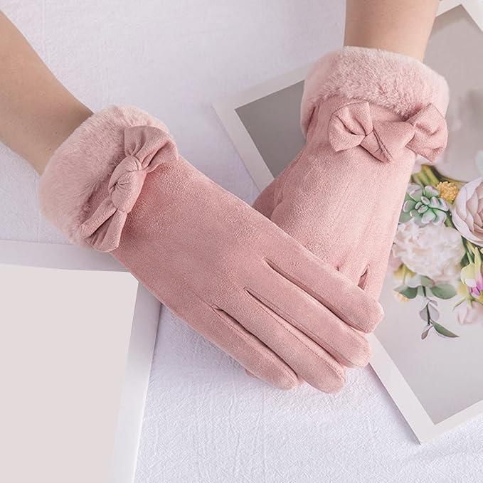 Women’s Winter Warm Gloves – Fleece Wool Touchscreen Gloves with Cute Bow Design