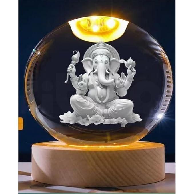 Ganesh Crystal LED Lamp – Elegant Spiritual Decor with Wooden Base