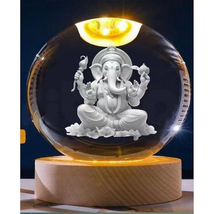 Ganesh Crystal LED Lamp – Elegant Spiritual Decor with Wooden Base