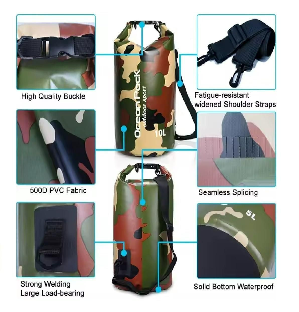 Ocean Pack Dry Bag 10L – Waterproof Camouflage Storage Bag for Outdoor Adventures