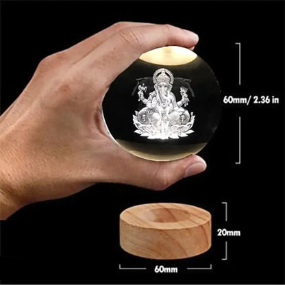 Ganesh Crystal LED Lamp – Elegant Spiritual Decor with Wooden Base