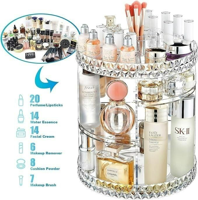 Makeup Organizer 360° Rotating Box – Adjustable Acrylic Cosmetic Storage Case