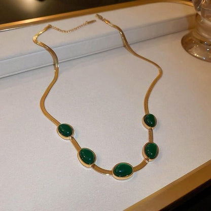 Oval Green Crystal Pendant Necklace Set – Necklace with Free Matching Bracelet