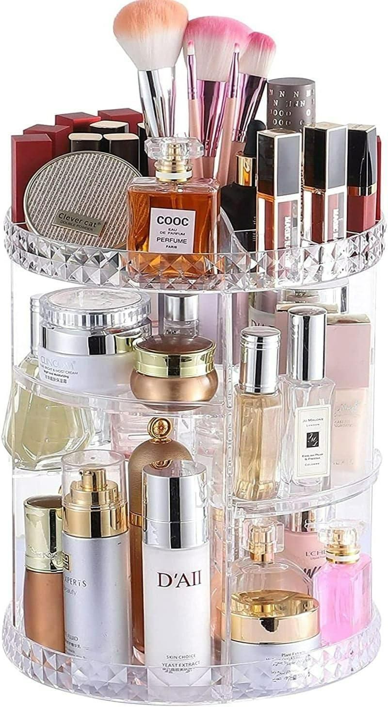 Makeup Organizer 360° Rotating Box – Adjustable Acrylic Cosmetic Storage Case