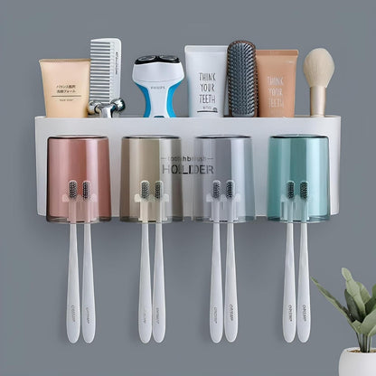 Premium Wall Mounted Toothbrush Holder with Cartoon Cups – Family Bathroom Organizer