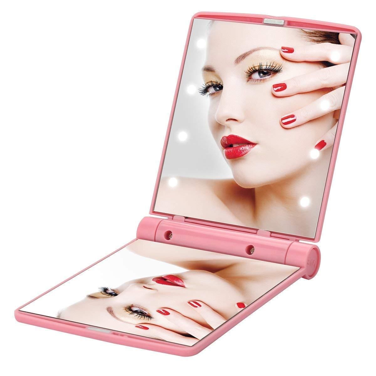 Portable Folding Makeup Mirror with LED Lights – Compact Travel Cosmetic Mirror for Women & Girls