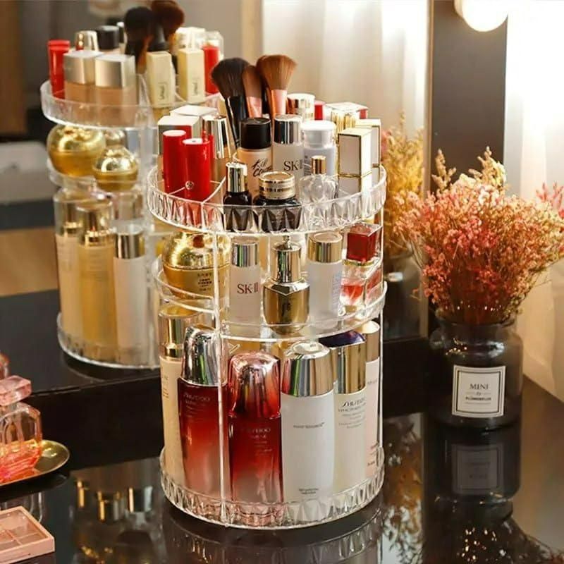 Makeup Organizer 360° Rotating Box – Adjustable Acrylic Cosmetic Storage Case