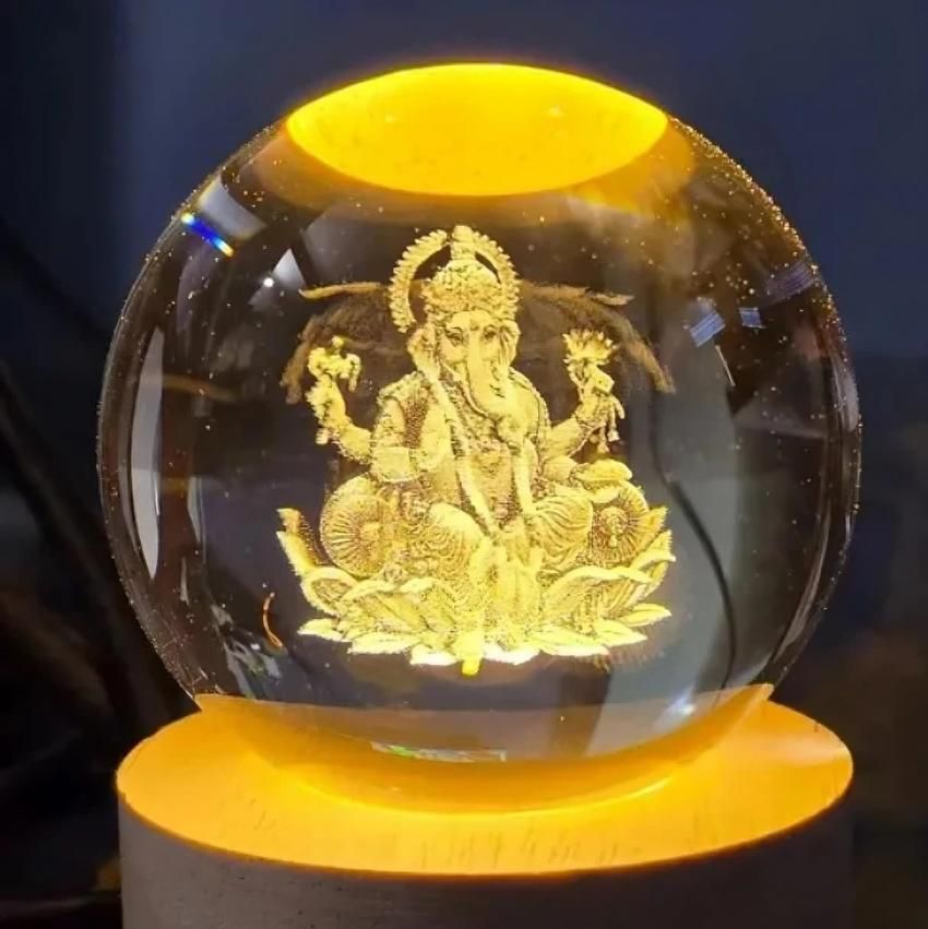 Ganesh Crystal LED Lamp – Elegant Spiritual Decor with Wooden Base