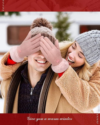 Women’s Winter Warm Gloves – Fleece Wool Touchscreen Gloves with Cute Bow Design