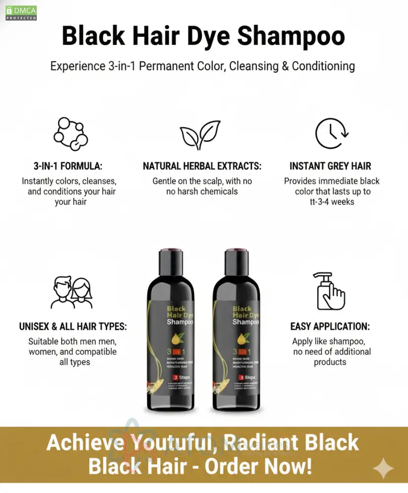Unisex Instant Black Herbal Hair Dye Shampoo for Grey Hair Coverage – 3 in 1 (100ml