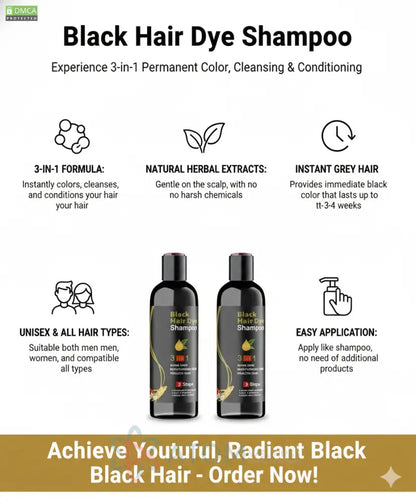 Unisex Instant Black Herbal Hair Dye Shampoo for Grey Hair Coverage – 3 in 1 (100ml